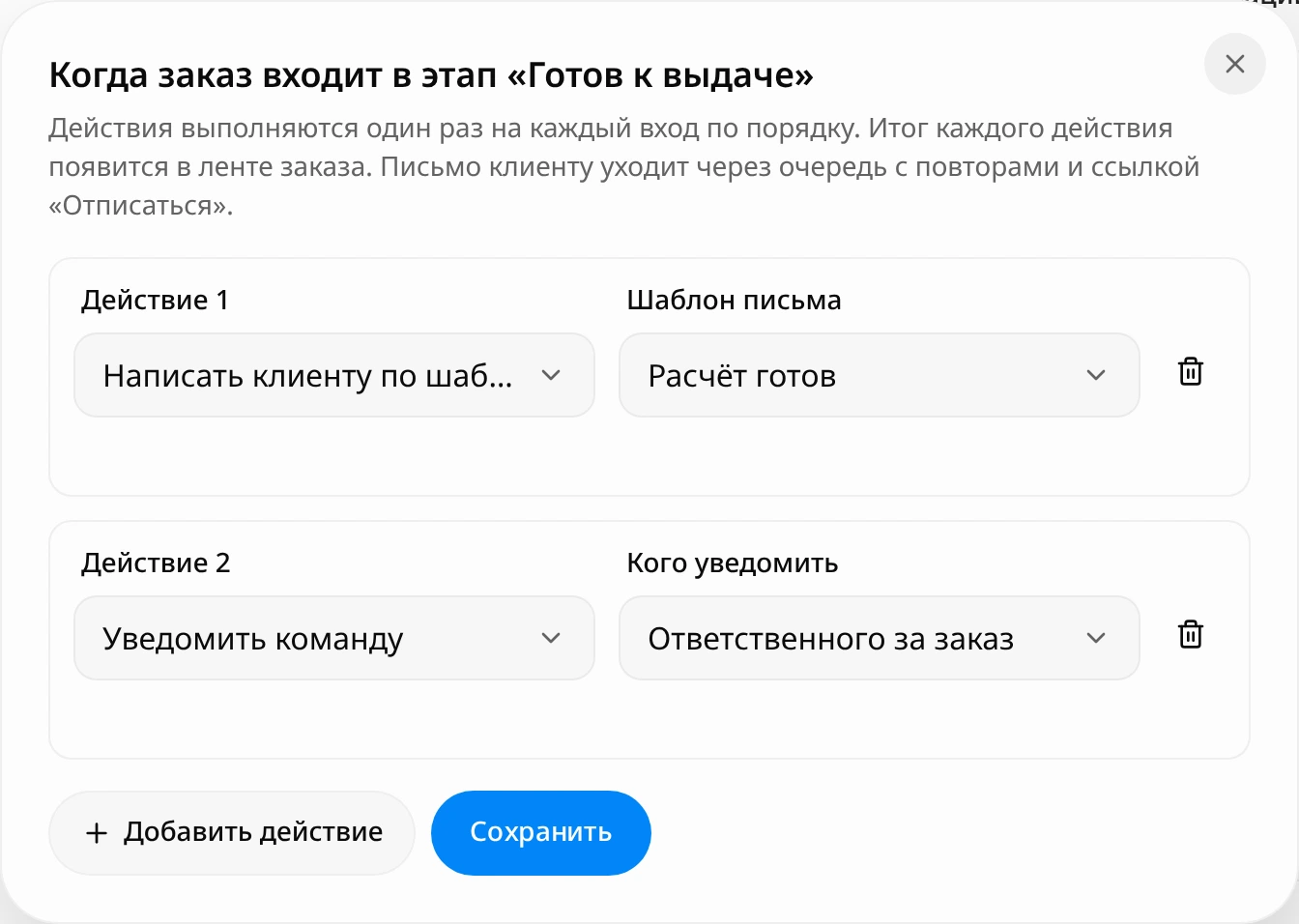Окно «Когда заказ входит в этап «Готов к выдаче»»: «Действие 1» «Написать клиенту по шаблону: email и Telegram» с выбранным шаблоном письма, «Действие 2» «Уведомить команду» с полем «Кого уведомить»: «Ответственного за заказ», кнопки «Добавить действие» и «Сохранить»