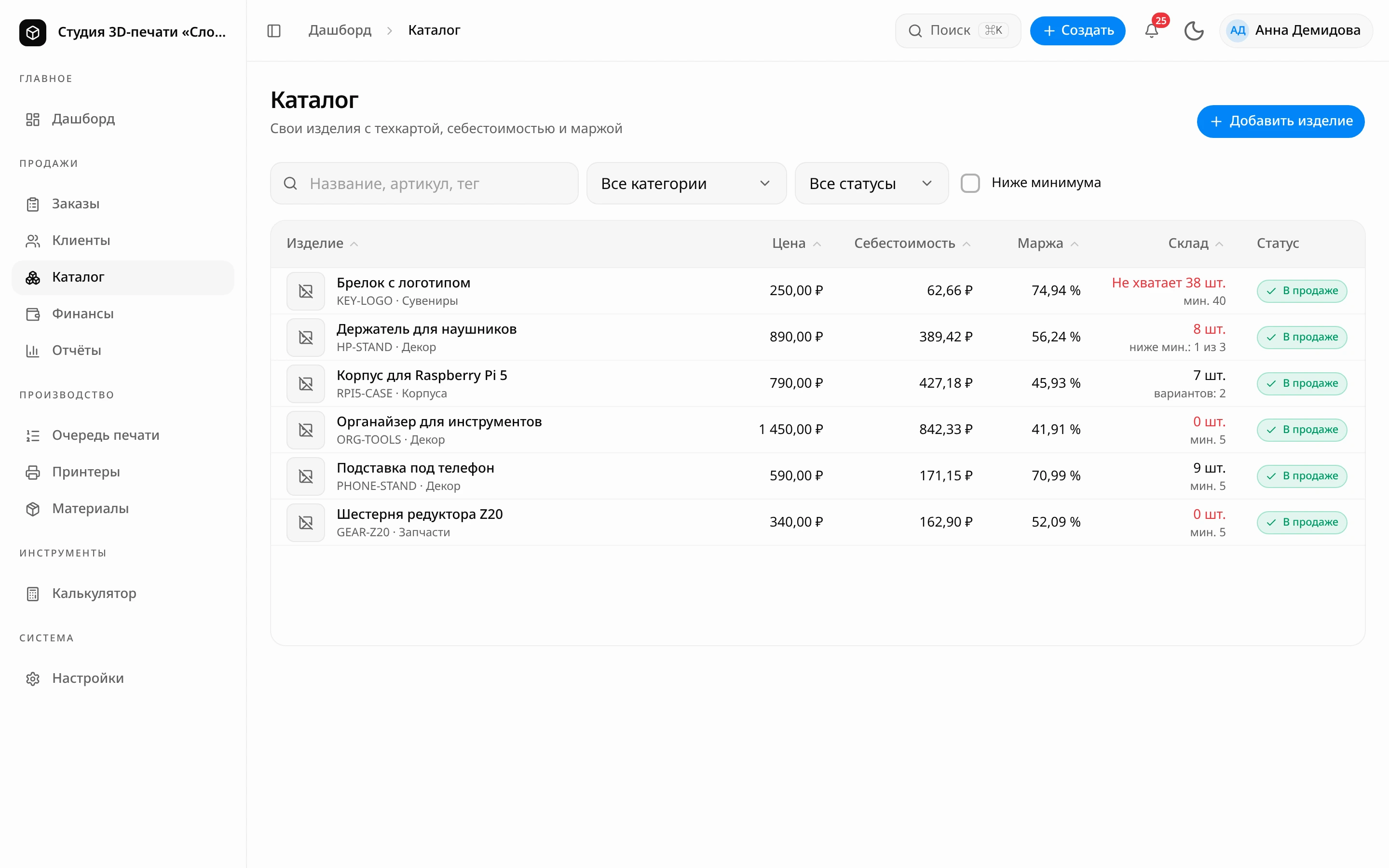 Раздел «Каталог»: поиск, фильтры категорий и статусов, галочка «Ниже минимума» и таблица из шести изделий с ценой, себестоимостью, маржой, остатком на складе и статусом «В продаже»