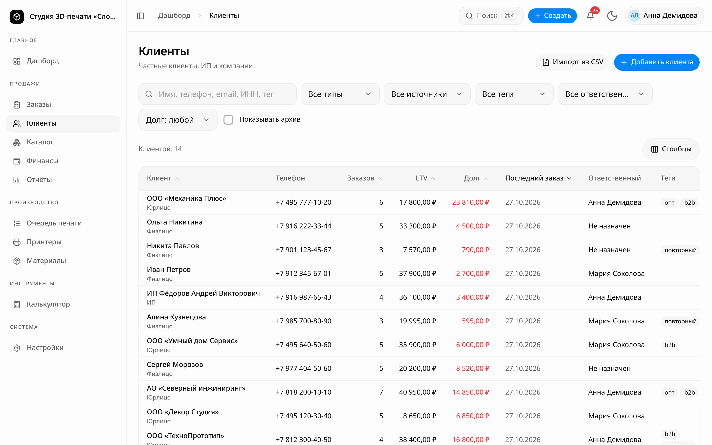 Список клиентов: поиск, фильтры по типу, источнику, тегам, ответственному и долгу, «Клиентов: 14», таблица с телефоном, числом заказов, LTV, долгом, датой последнего заказа, ответственным и тегами