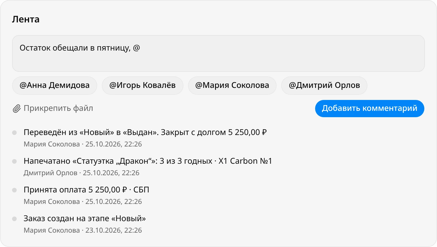 Блок «Лента»: в поле комментария текст «Остаток обещали в пятницу, @», под ним подсказки с именами участников; ниже записи «Переведён из «Новый» в «Выдан». Закрыт с долгом 5 250,00 ₽», «Напечатано «Статуэтка „Дракон“»: 3 из 3 годных · X1 Carbon №1», «Принята оплата 5 250,00 ₽ · СБП», «Заказ создан на этапе «Новый»»