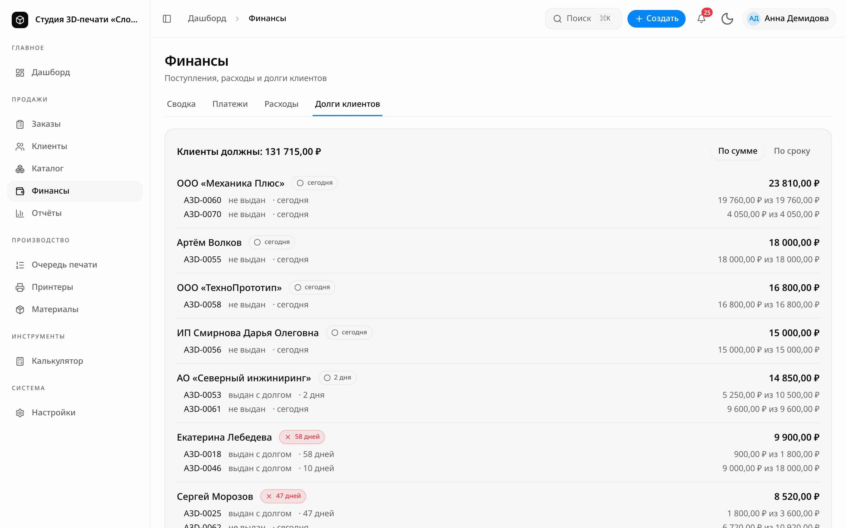 Вкладка «Долги клиентов»: «Клиенты должны: 131 715,00 ₽», переключатель «По сумме» и «По сроку», первым ООО «Механика Плюс» с долгом 23 810,00 ₽ по двум заказам, ниже клиенты с просрочкой 58 и 47 дней